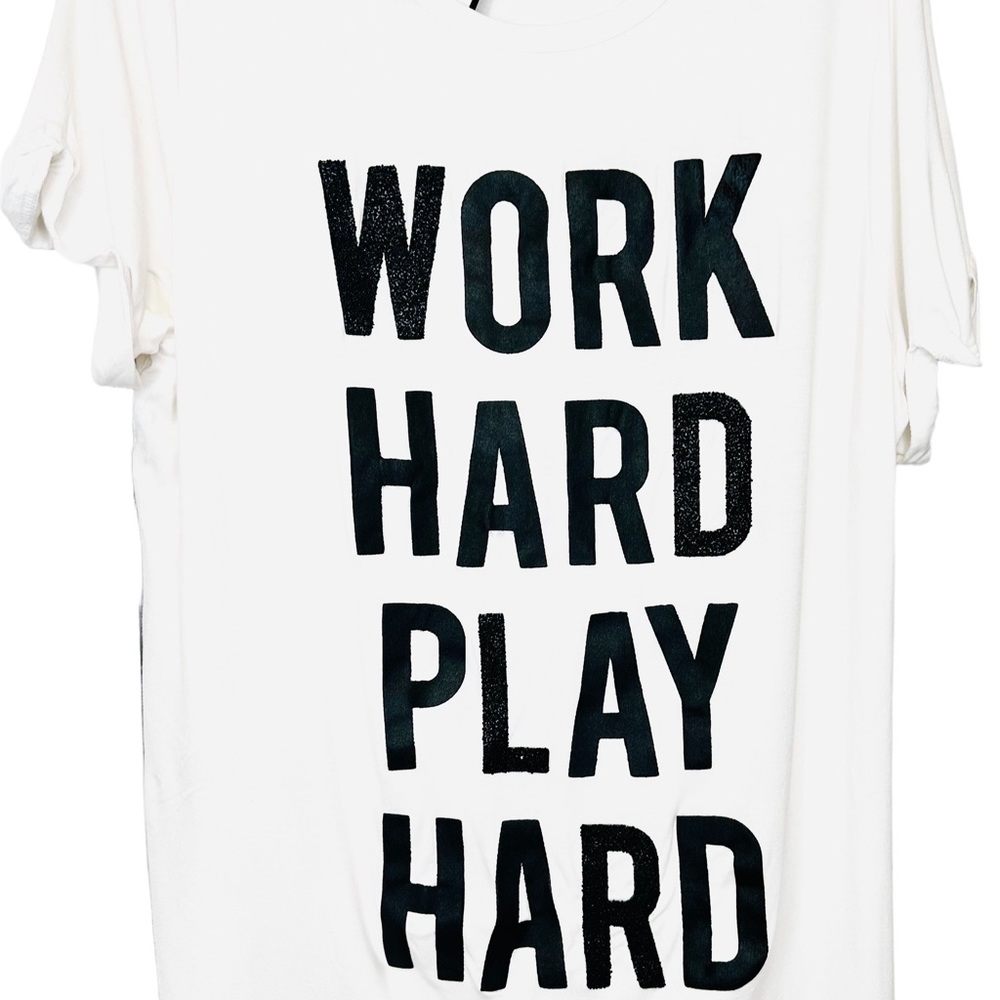 Simply Be Work Hard Play Hard T-shirt in white and black with beaded de…